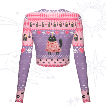 Purplehecate Funny Black Cat in Tree Mesh Long Sleeve Crop Top