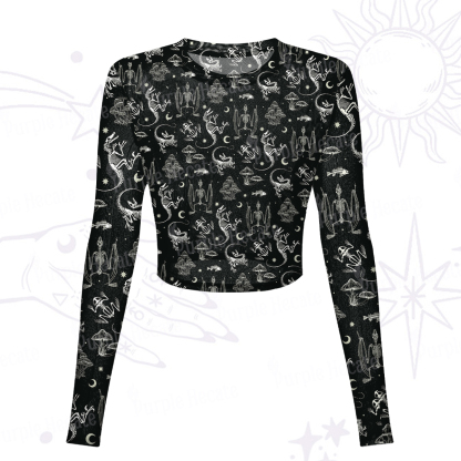 Purplehecate Prehistoric Fantasy Mesh Long Sleeve Crop Top
