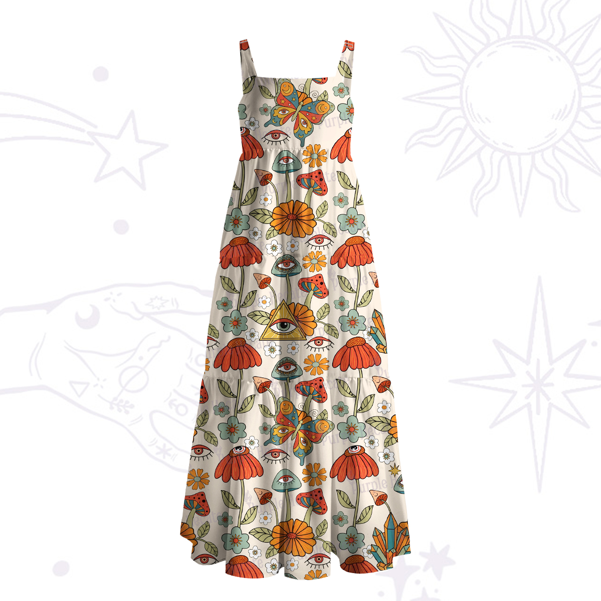 Purplehecate Mystic Evil Eye Floral Mushroom Wide Straps Maxi Dress