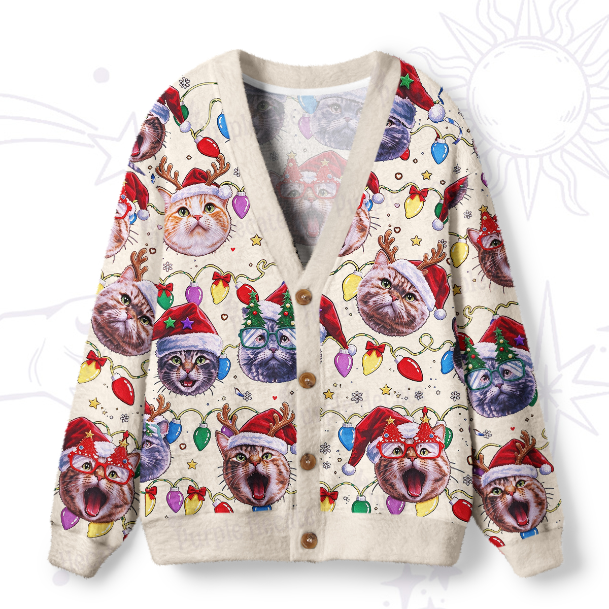 Purplehecate Meowy Christmas Cat Party Ugly Cardigan Sweaters