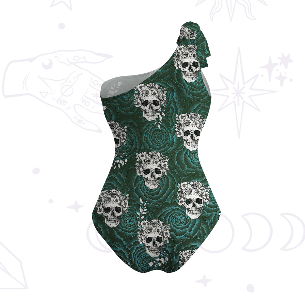 Purplehecate Rose Skull One-Shoulder One-Piece Swimsuit