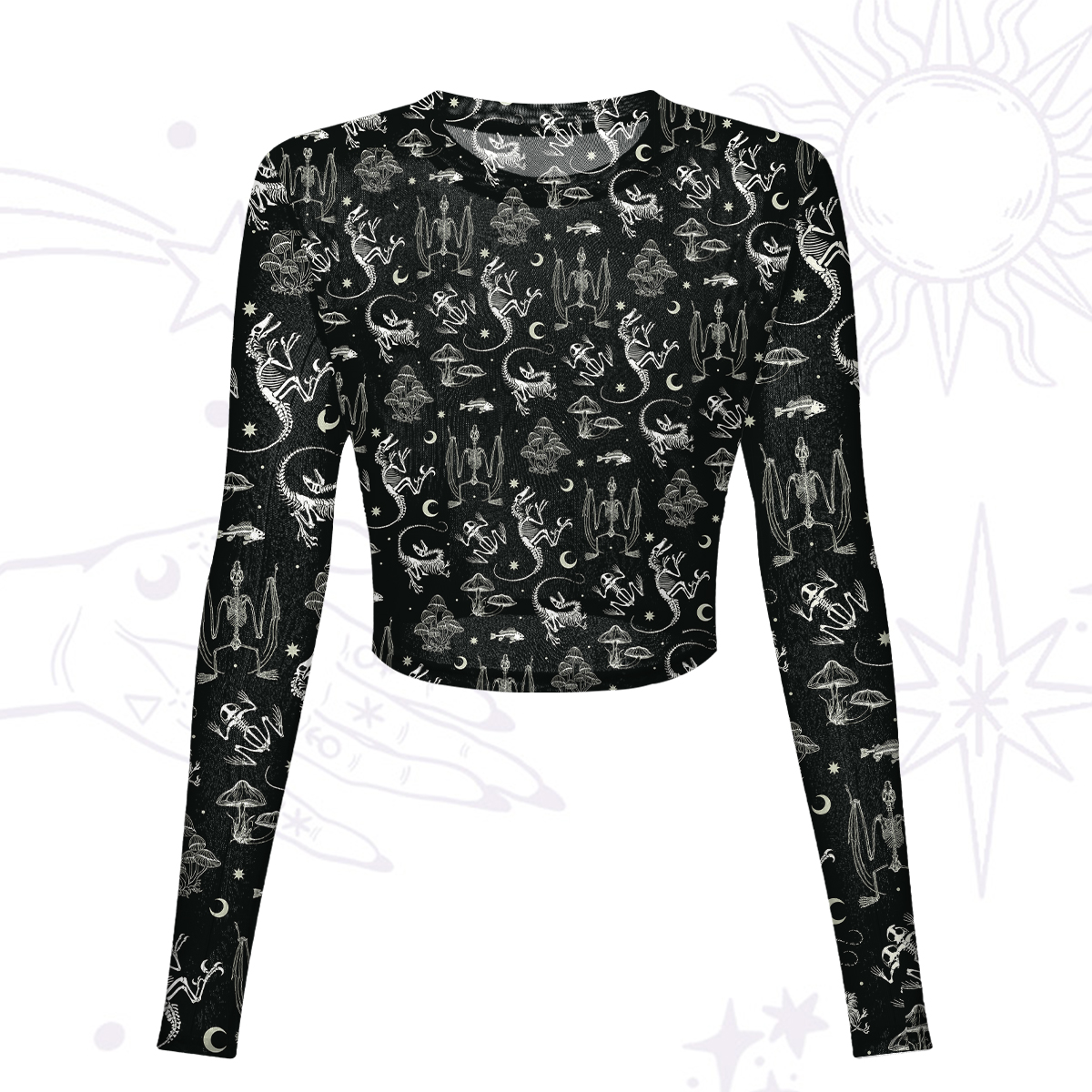 Purplehecate Prehistoric Fantasy Mesh Long Sleeve Crop Top