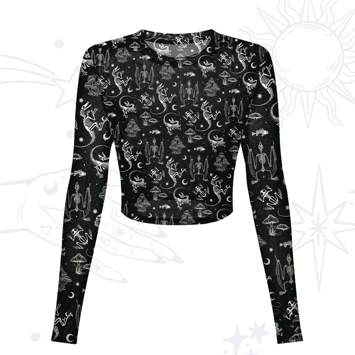 Purplehecate Prehistoric Fantasy Mesh Long Sleeve Crop Top