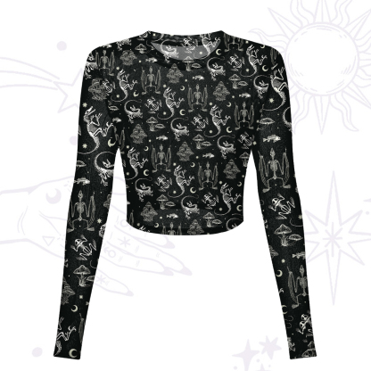 Purplehecate Prehistoric Fantasy Mesh Long Sleeve Crop Top
