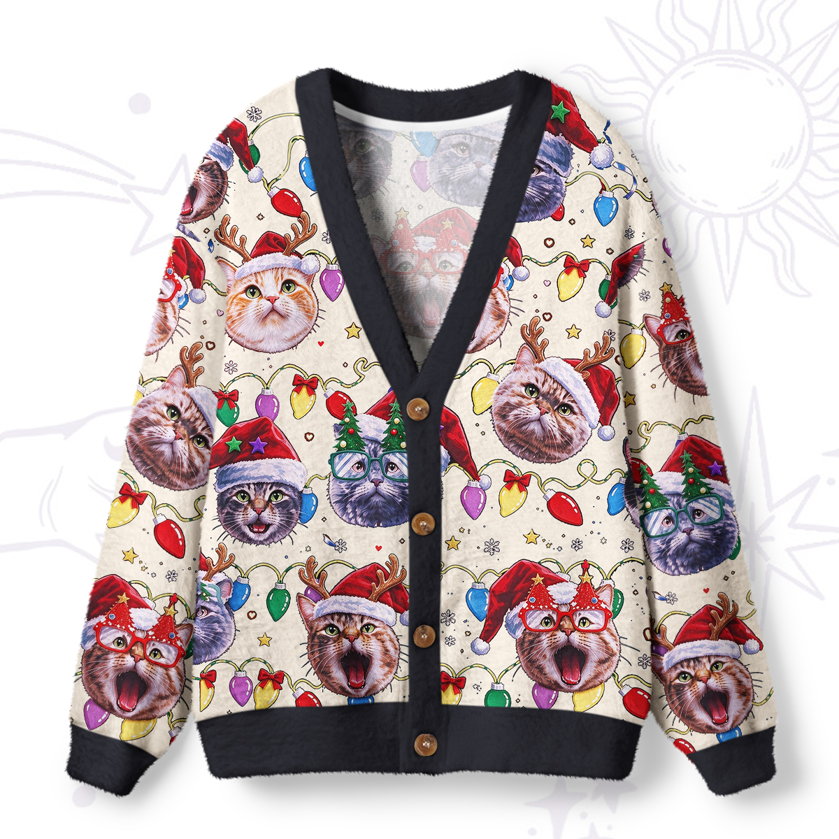 Purplehecate Meowy Christmas Cat Party Ugly Cardigan Sweaters
