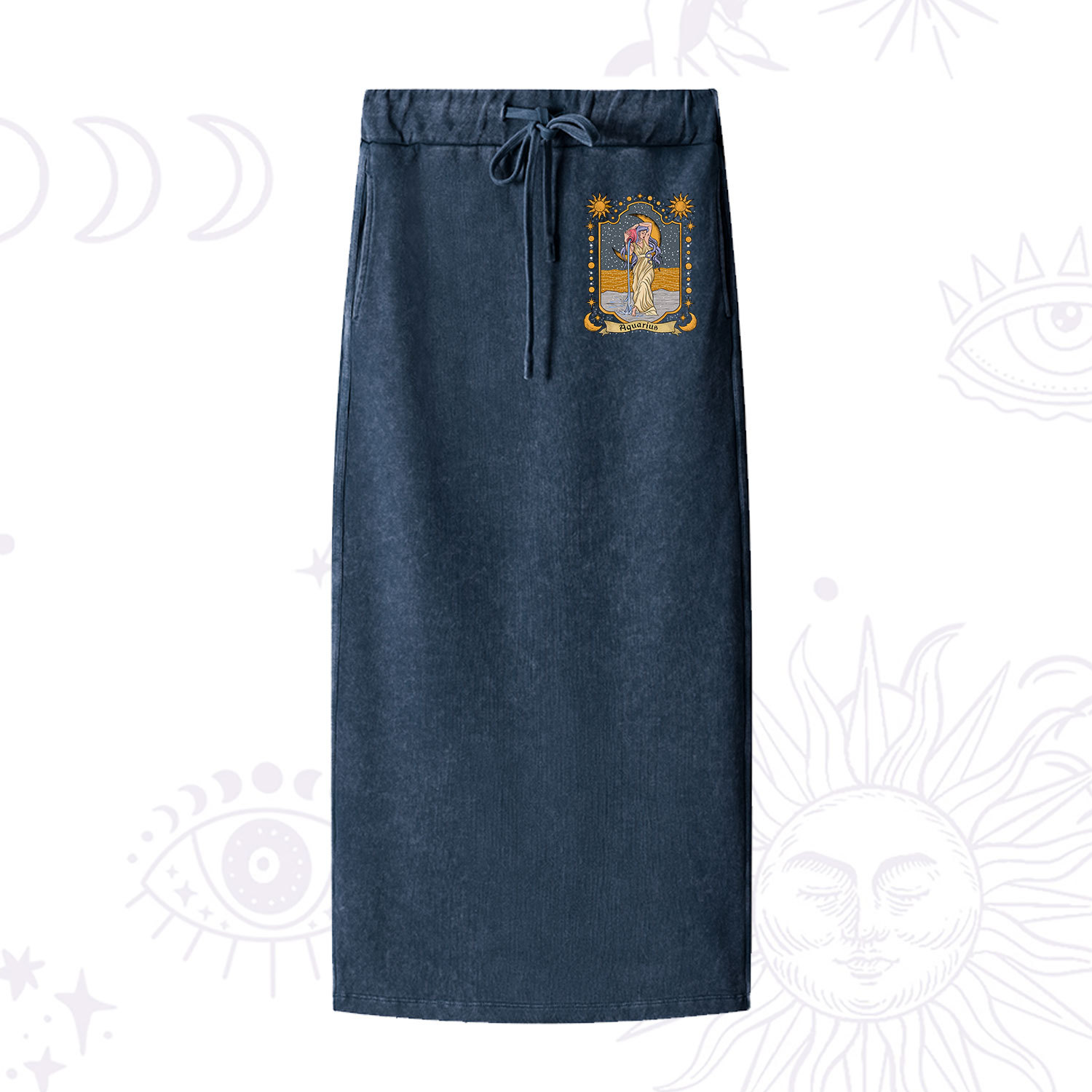 Purplehecate Aquarius Zodiac Washed Drawstring Long Skirt