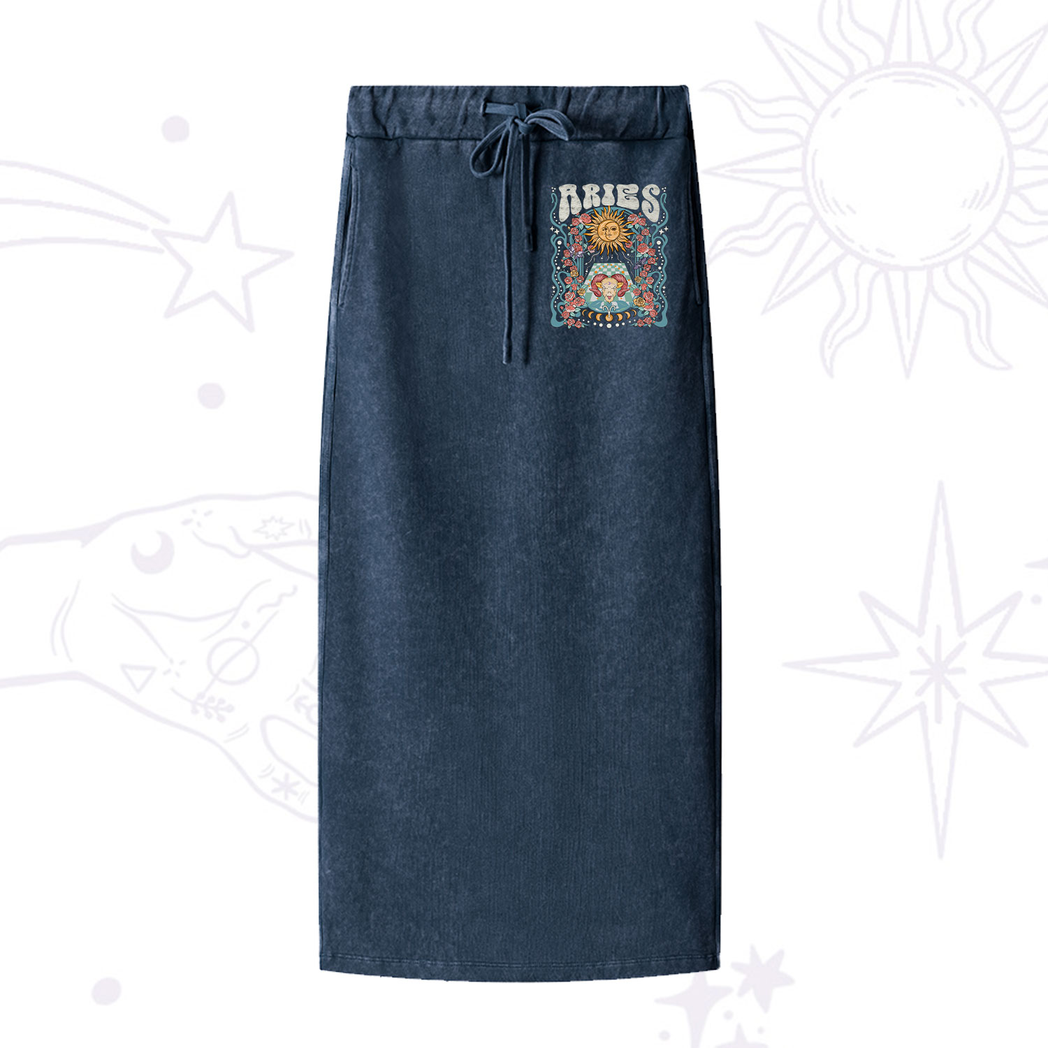 Purplehecate Aries Spirit Zodiac Washed Drawstring Long Skirt