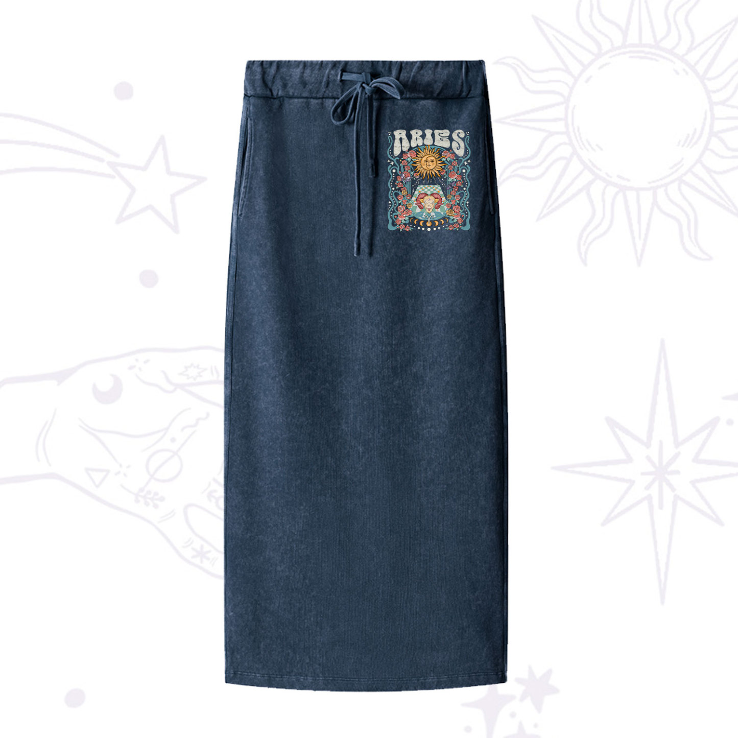 Purplehecate Aries Spirit Zodiac Washed Drawstring Long Skirt