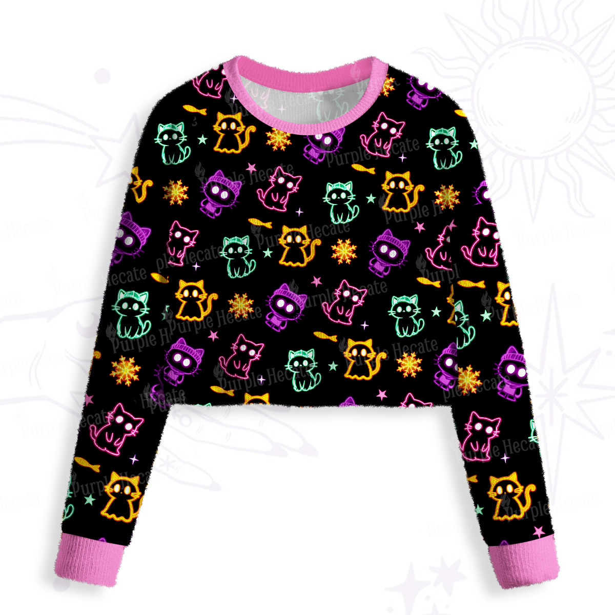 Purplehecate Neon Cat Party Crop Fuzzy Ugly Sweatshirt