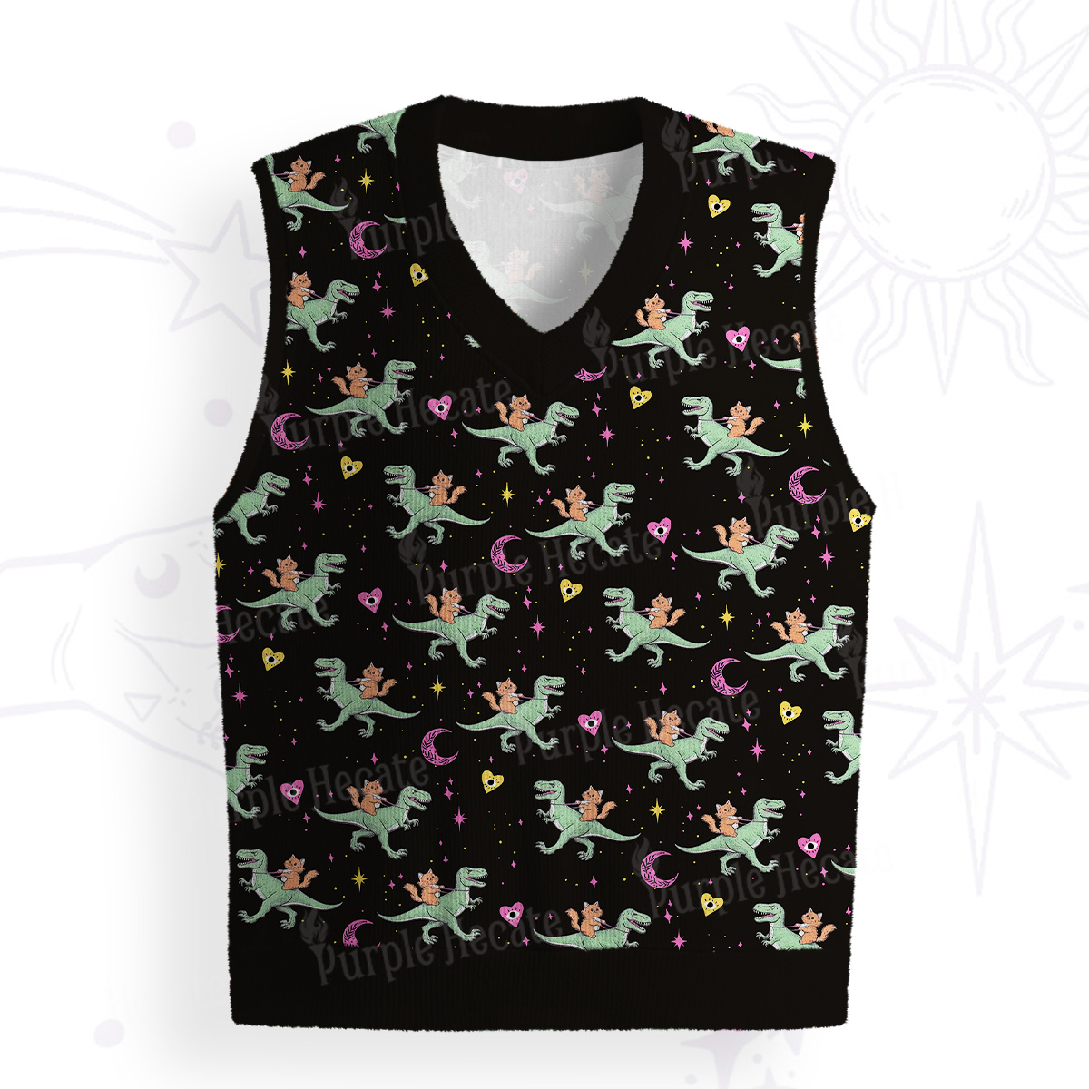 Purplehecate Witch Cat Rides the Dino Ugly Sweater Vest