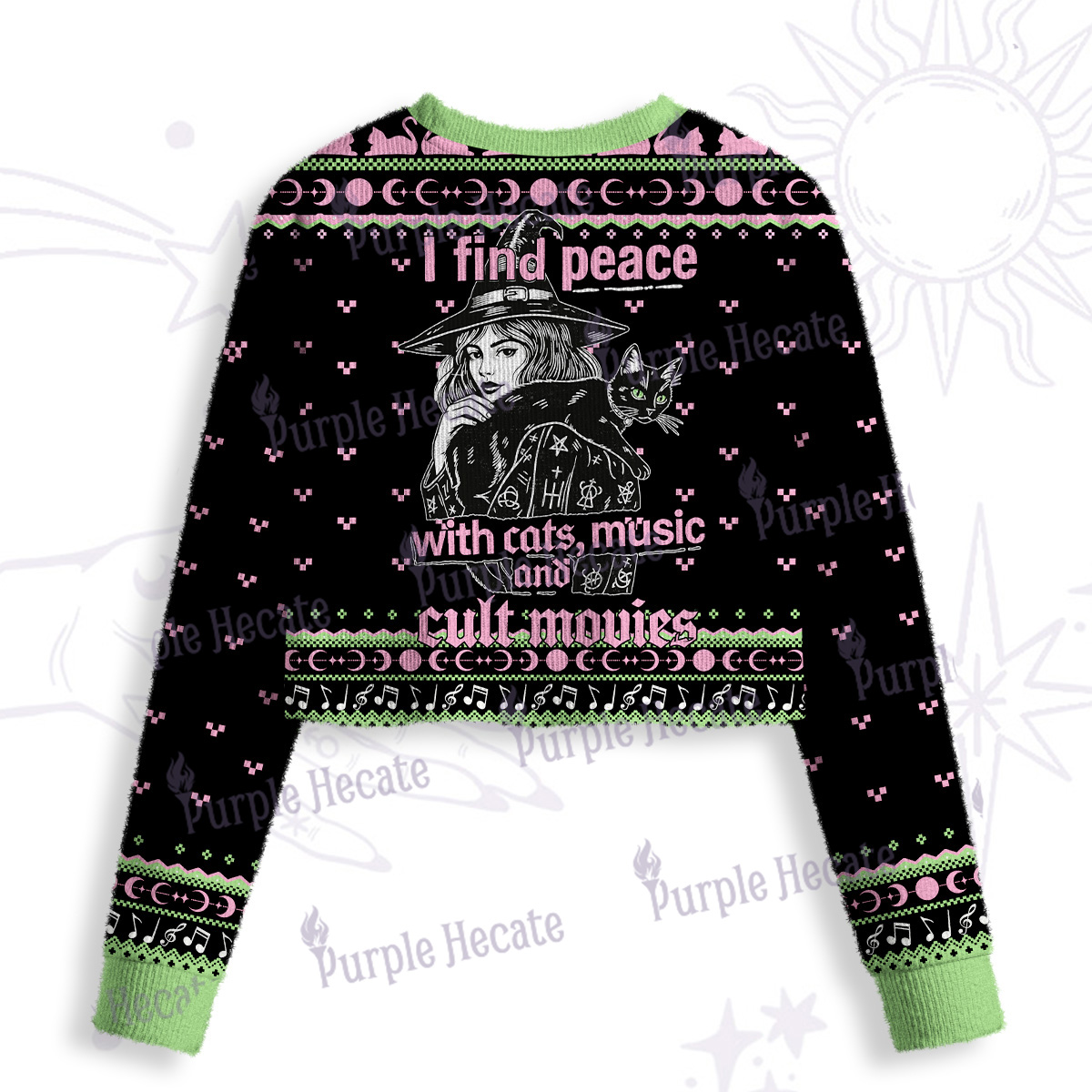 Purplehecate I Find Peace With Cats Music Cult Movies Crop Fuzzy Ugly Sweatshirt