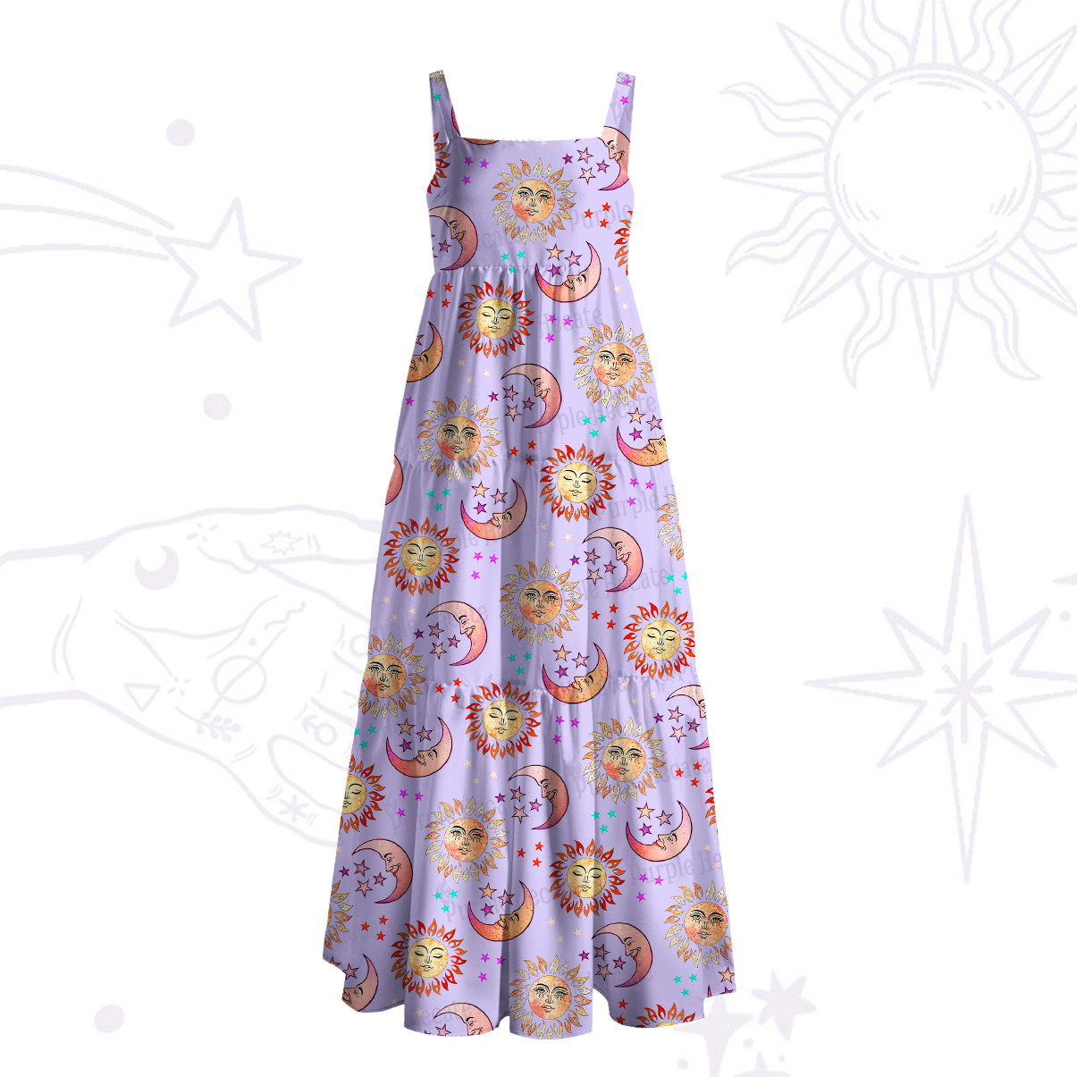 Purplehecate Dancing Suns and Lunar Dreams Wide Straps Maxi Dress