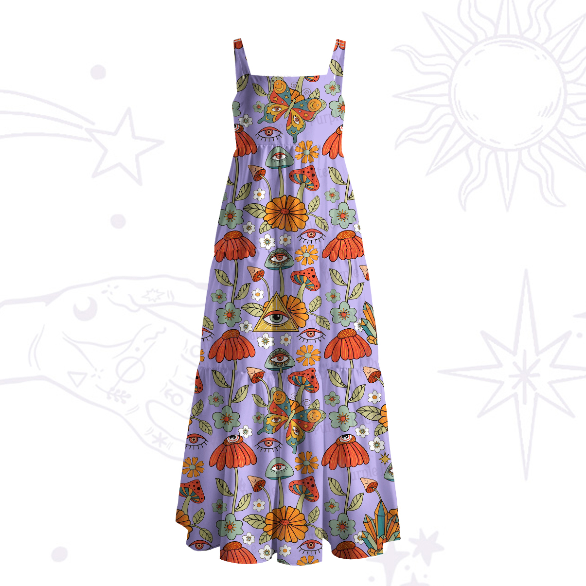Purplehecate Mystic Evil Eye Floral Mushroom Wide Straps Maxi Dress