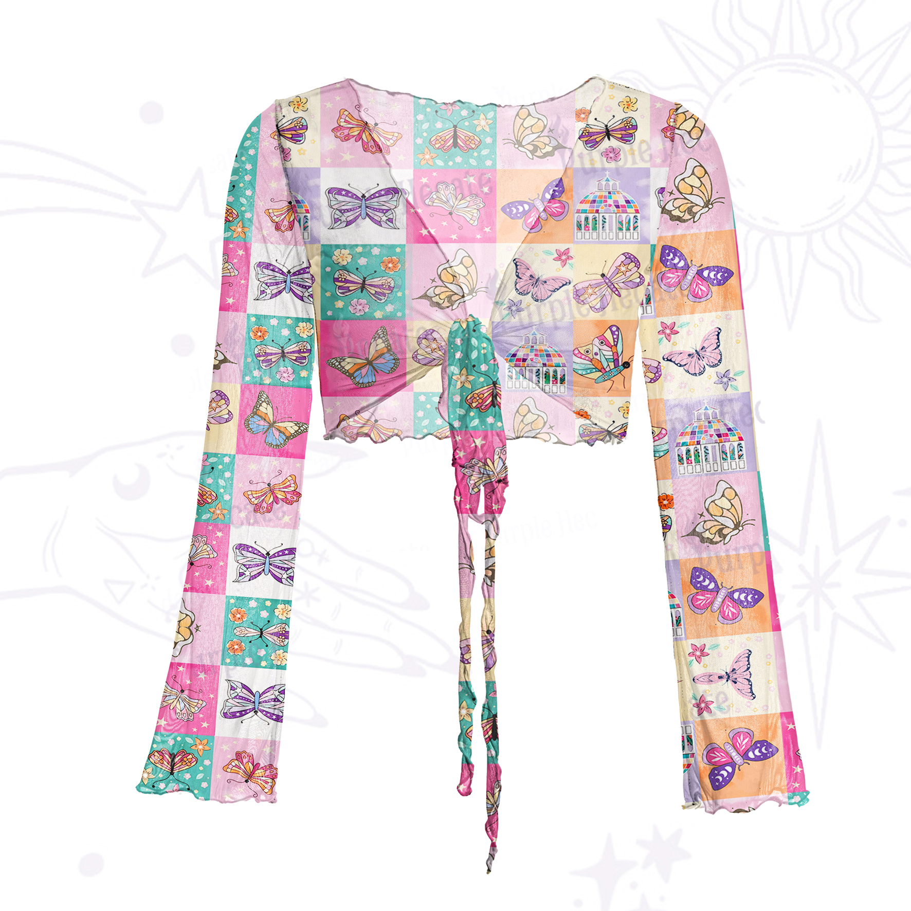 Purplehecate Dreamy Butterfly Garden Mesh Tie Front Top