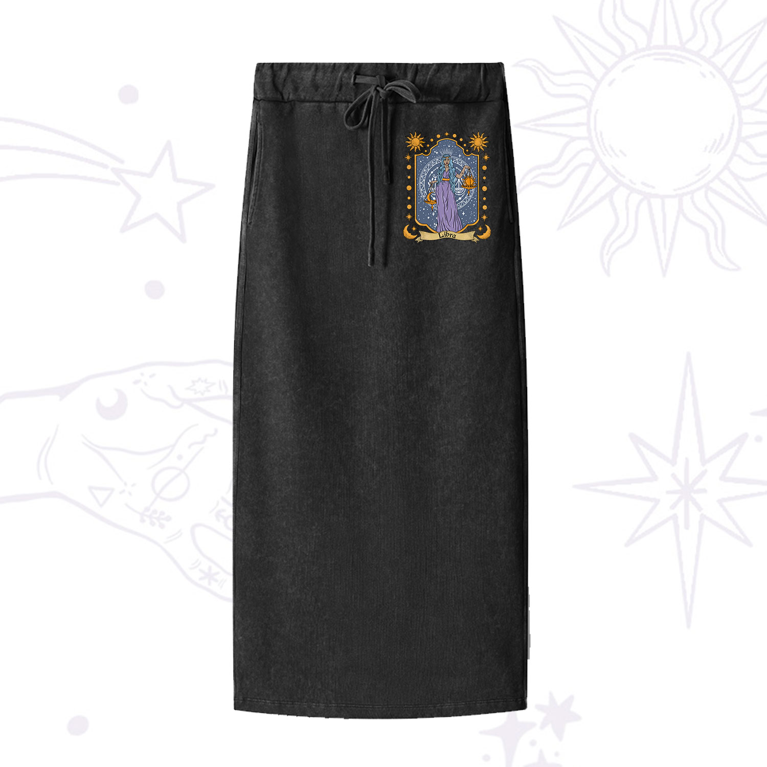 Purplehecate Libra Zodiac Washed Drawstring Long Skirt
