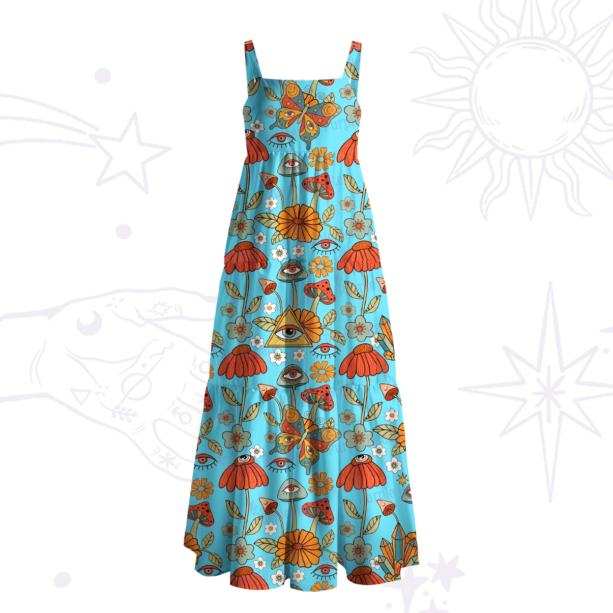Purplehecate Mystic Evil Eye Floral Mushroom Wide Straps Maxi Dress