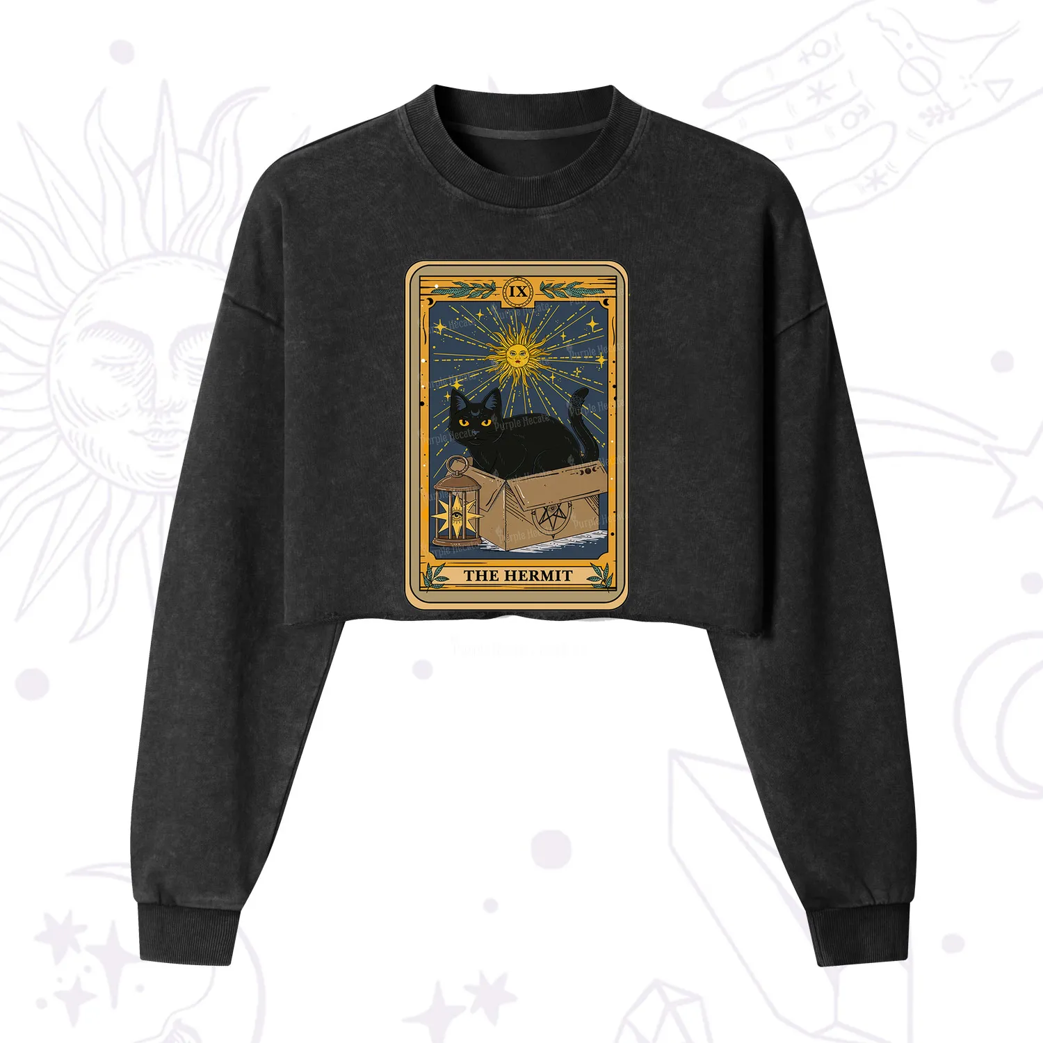 Purplehecate The Hermit Card Cat Lover Cropped Washed Sweatshirt