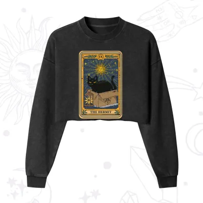 Purplehecate The Hermit Card Cat Lover Cropped Washed Sweatshirt