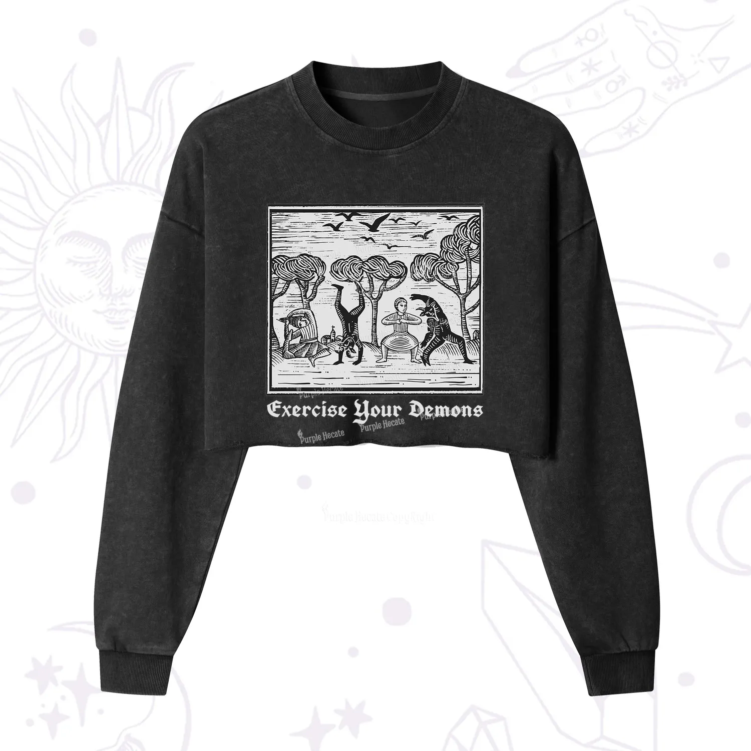 Purplehecate Exercise Your Demons Cropped Washed Sweatshirt