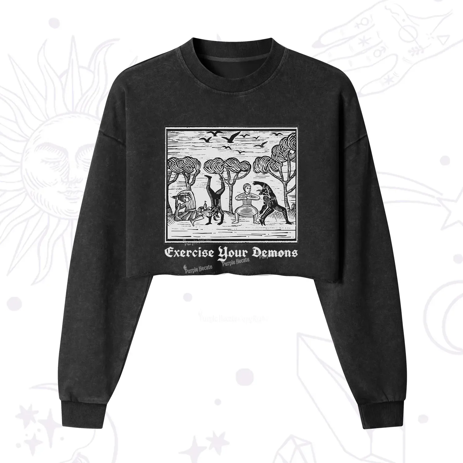 Purplehecate Exercise Your Demons Cropped Washed Sweatshirt
