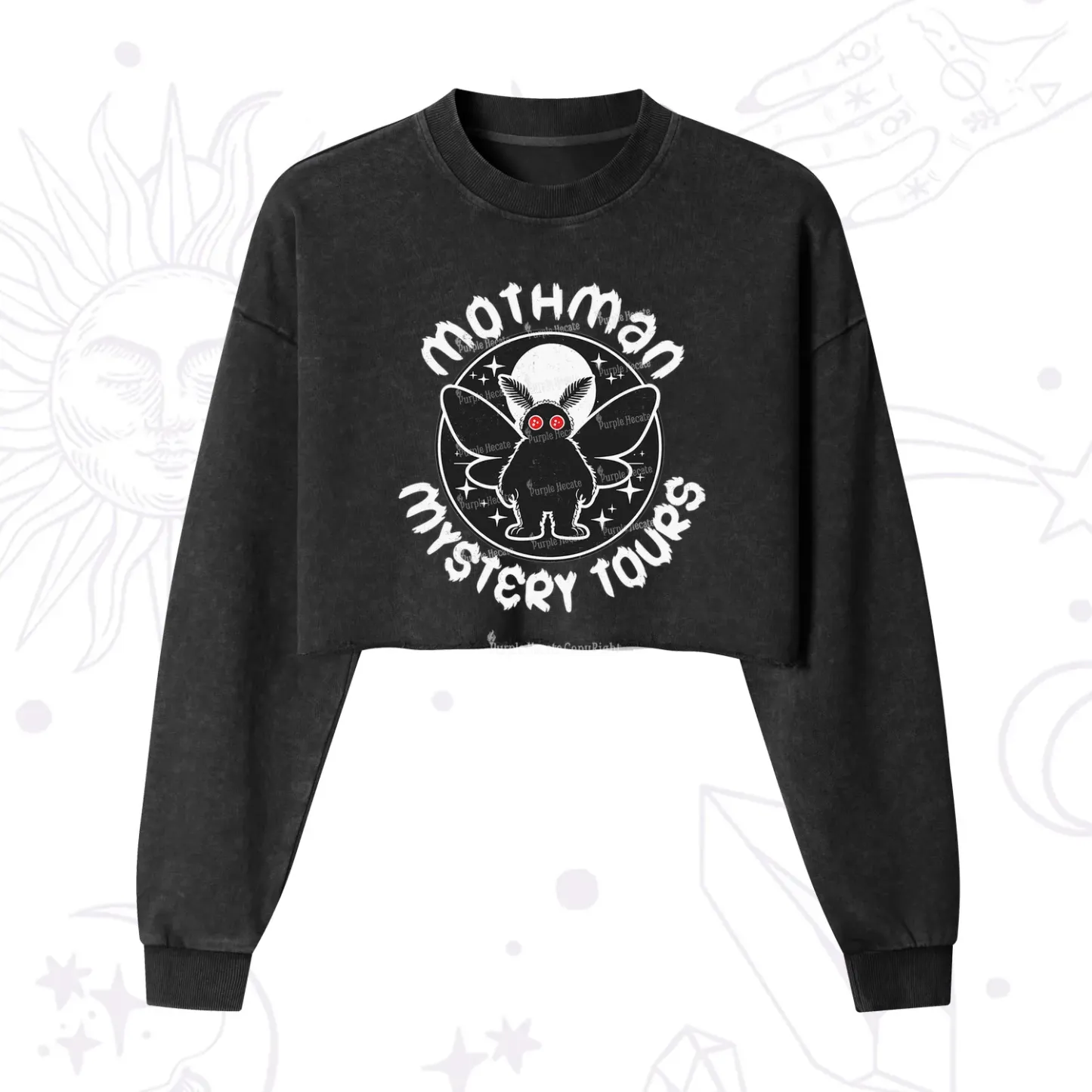 Purplehecate Mothman Mystery Tours Cropped Washed Sweatshirt