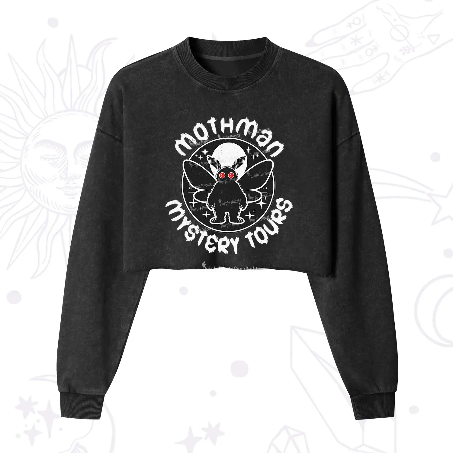 Purplehecate Mothman Mystery Tours Cropped Washed Sweatshirt