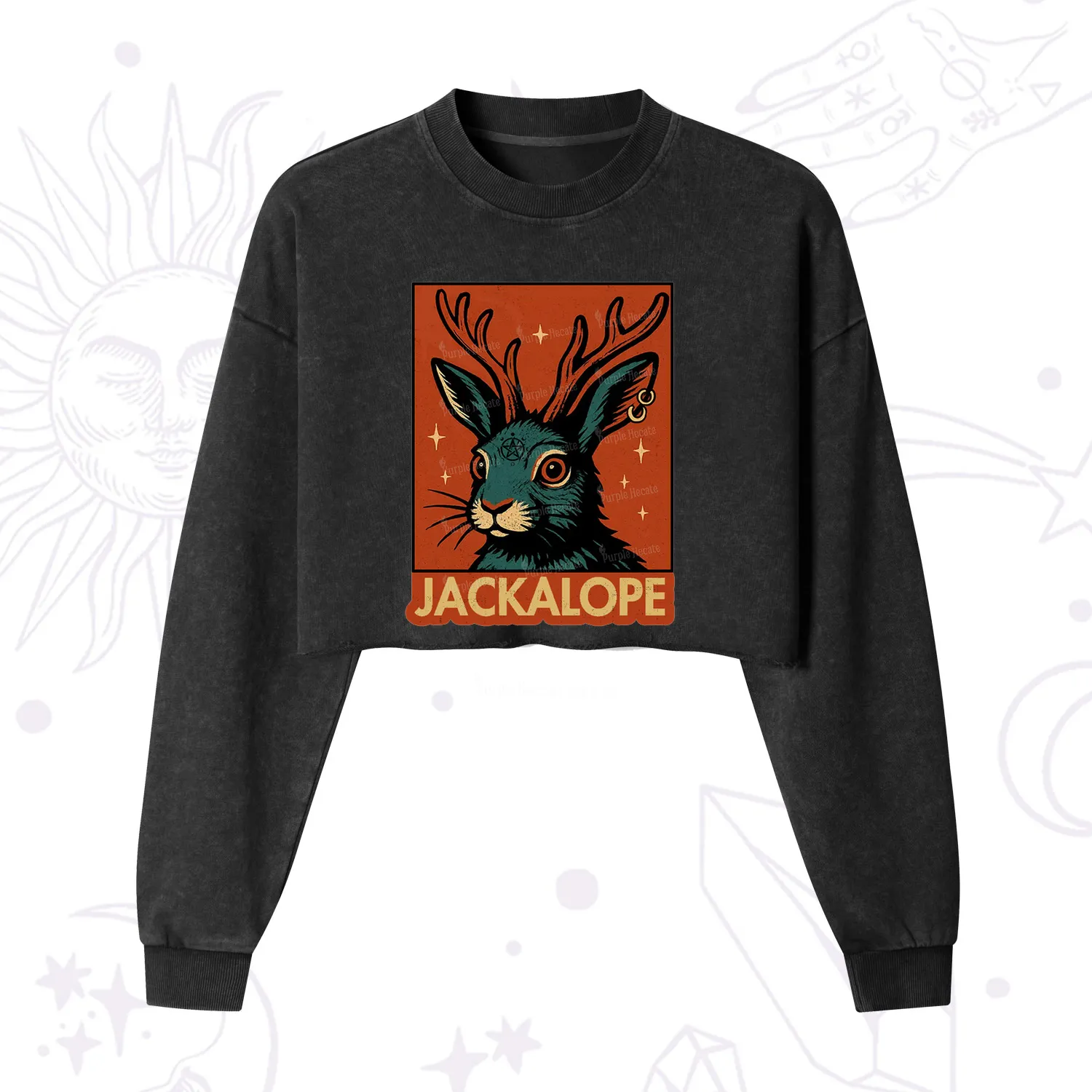 Purplehecate Funny Jackalope Cropped Washed Sweatshirt