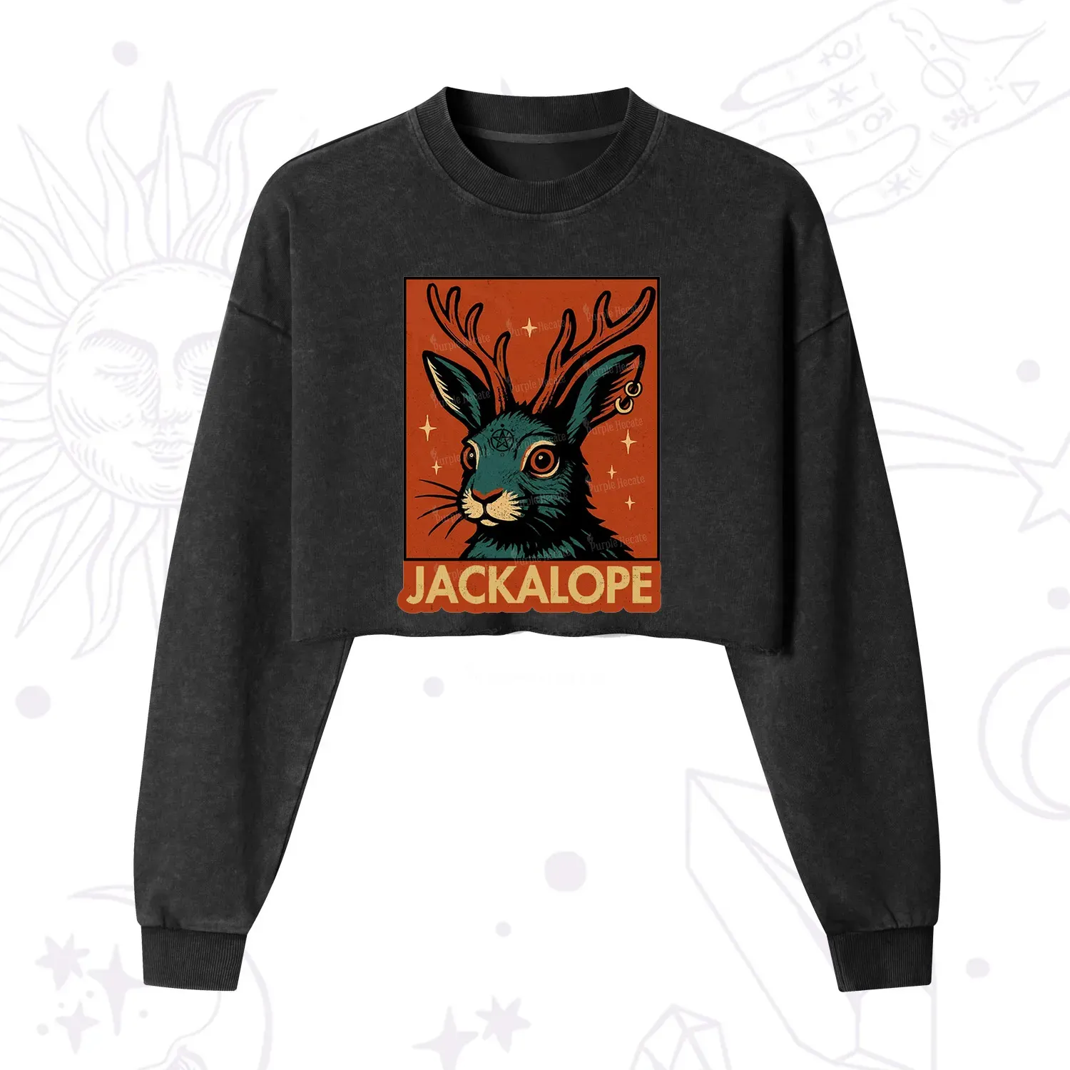 Purplehecate Funny Jackalope Cropped Washed Sweatshirt