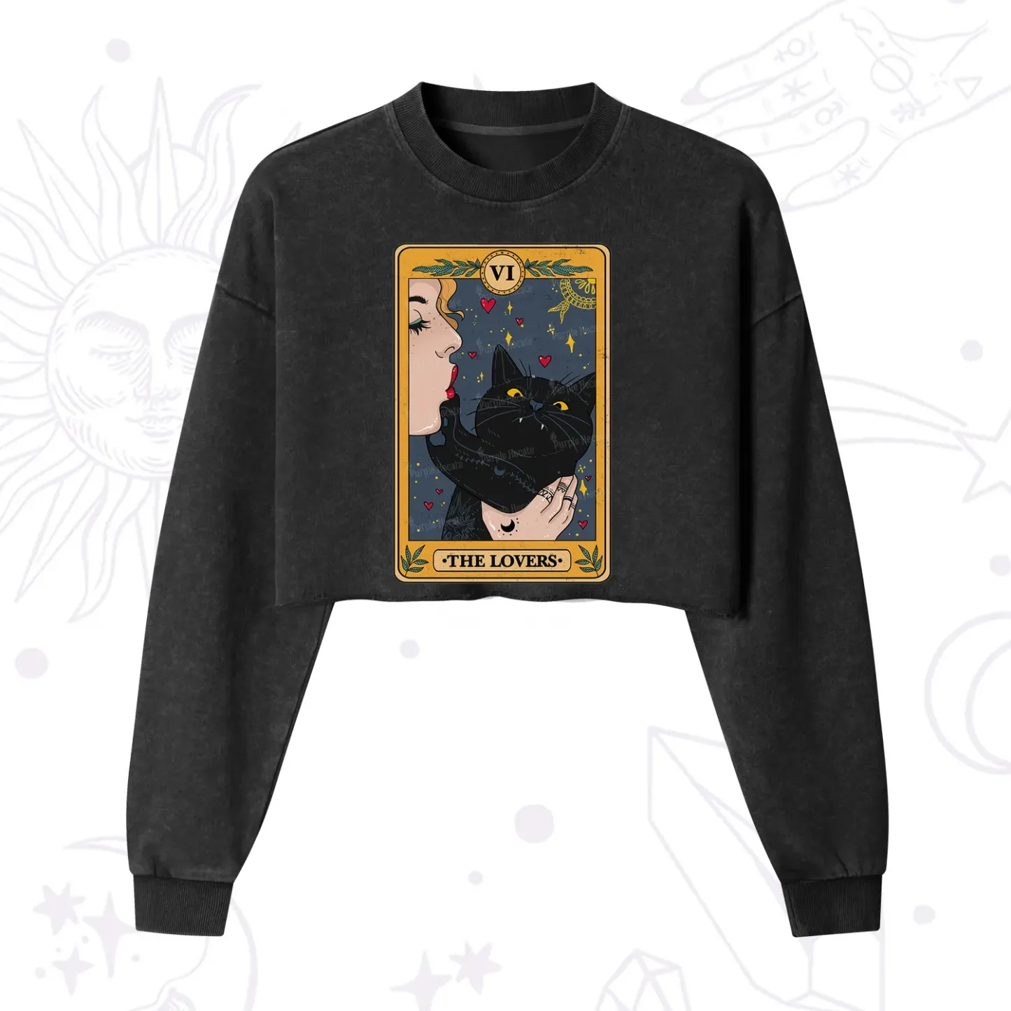 Purplehecate The Lovers Cat Tarot Cropped Washed Sweatshirt