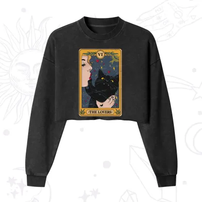 Purplehecate The Lovers Cat Tarot Cropped Washed Sweatshirt