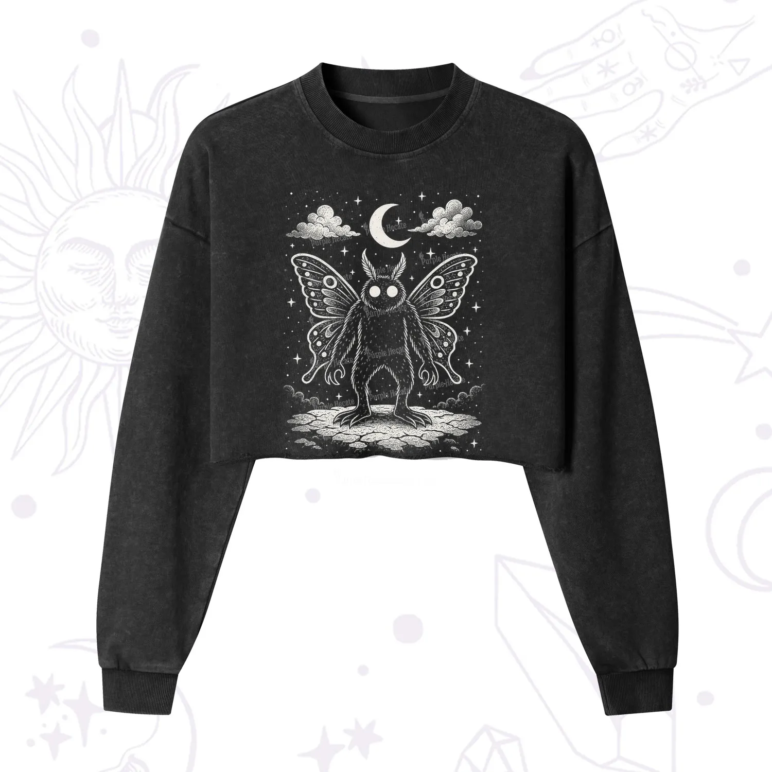 Purplehecate Celestial Cryptid Mothman Cropped Washed Sweatshirt