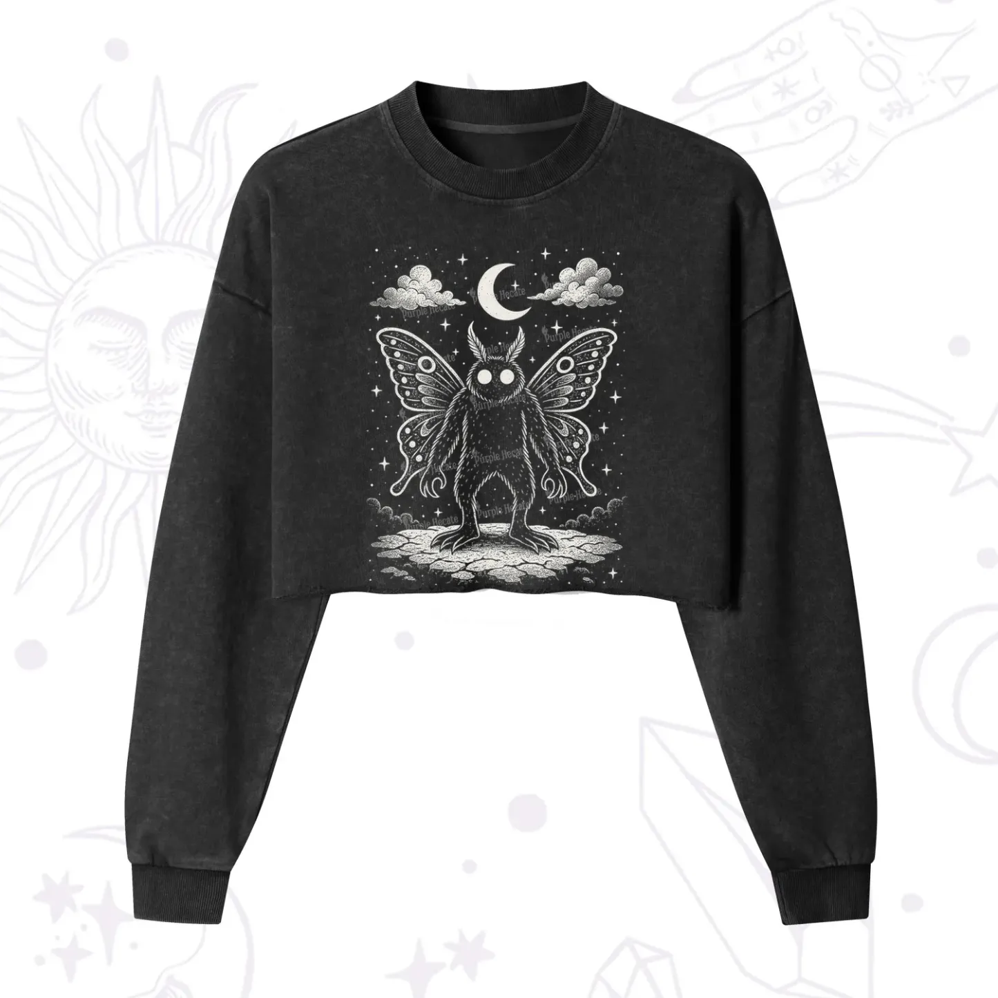 Purplehecate Celestial Cryptid Mothman Cropped Washed Sweatshirt