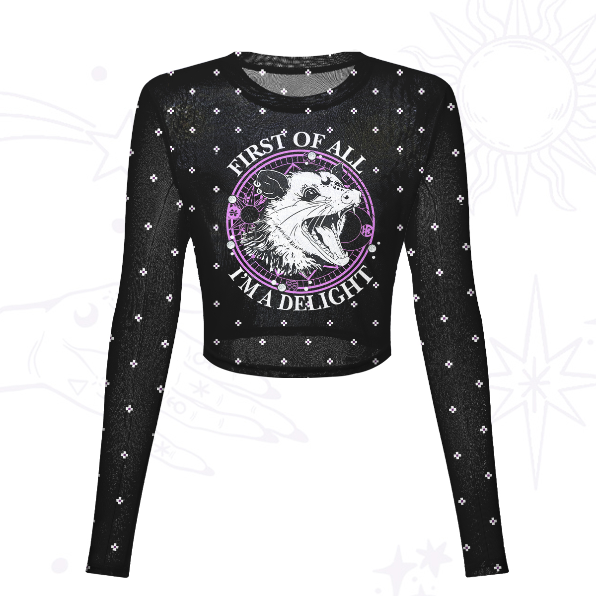 Purplehecate First Of All I'm A Delightful Opossum Mesh Long Sleeve Crop Top