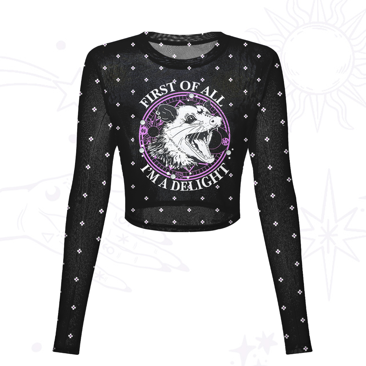 Purplehecate First Of All I'm A Delightful Opossum Mesh Long Sleeve Crop Top