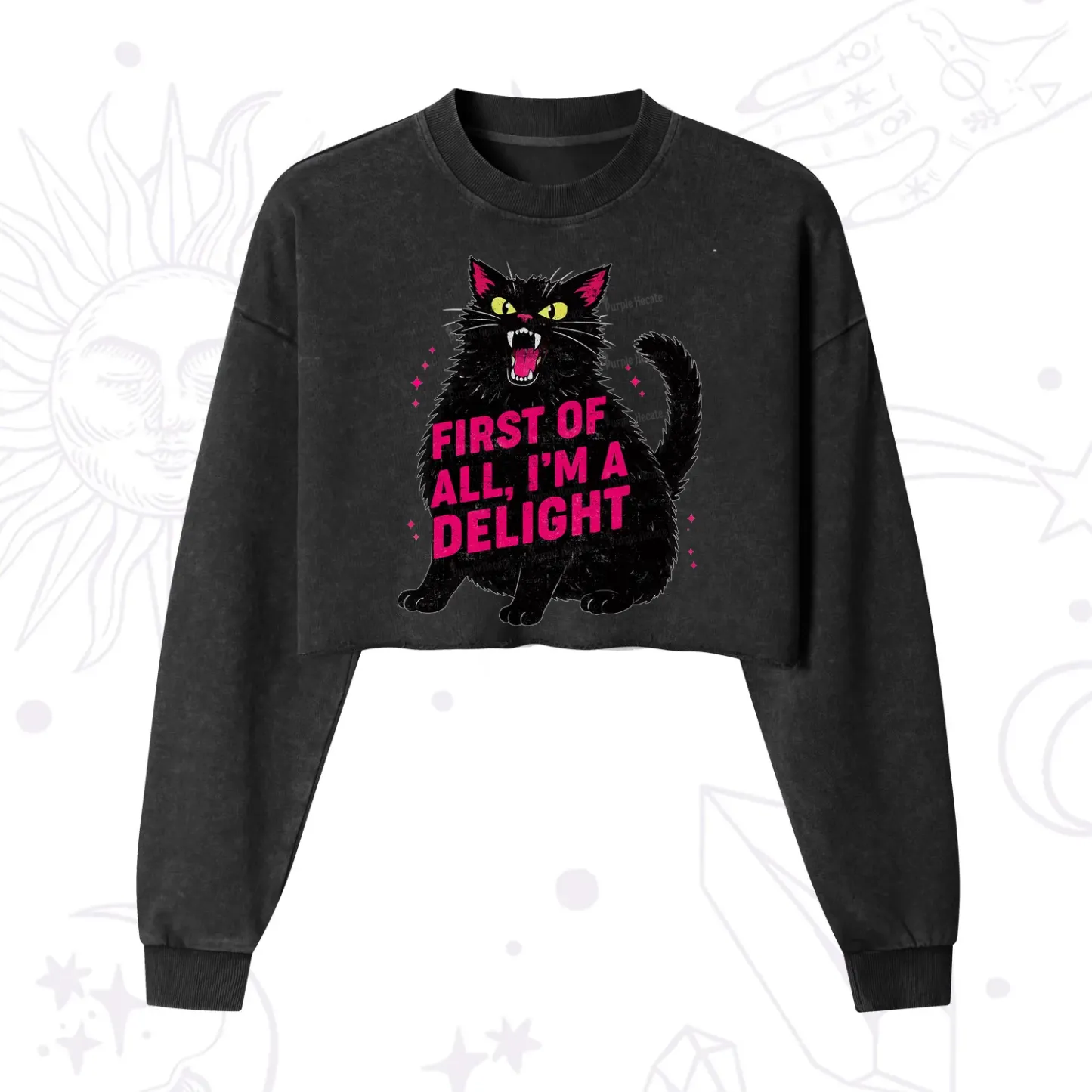 Purplehecate First Of All I'm A Delight Cat Cropped Washed Sweatshirt