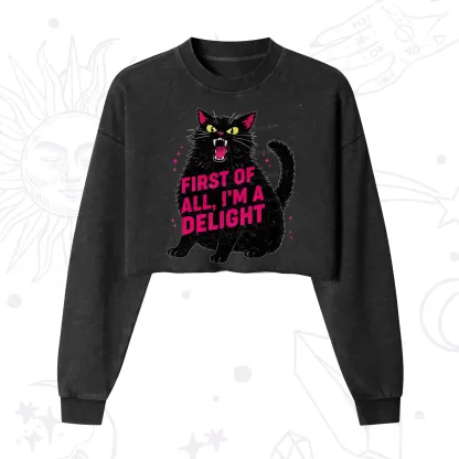 Purplehecate First Of All I'm A Delight Cat Cropped Washed Sweatshirt