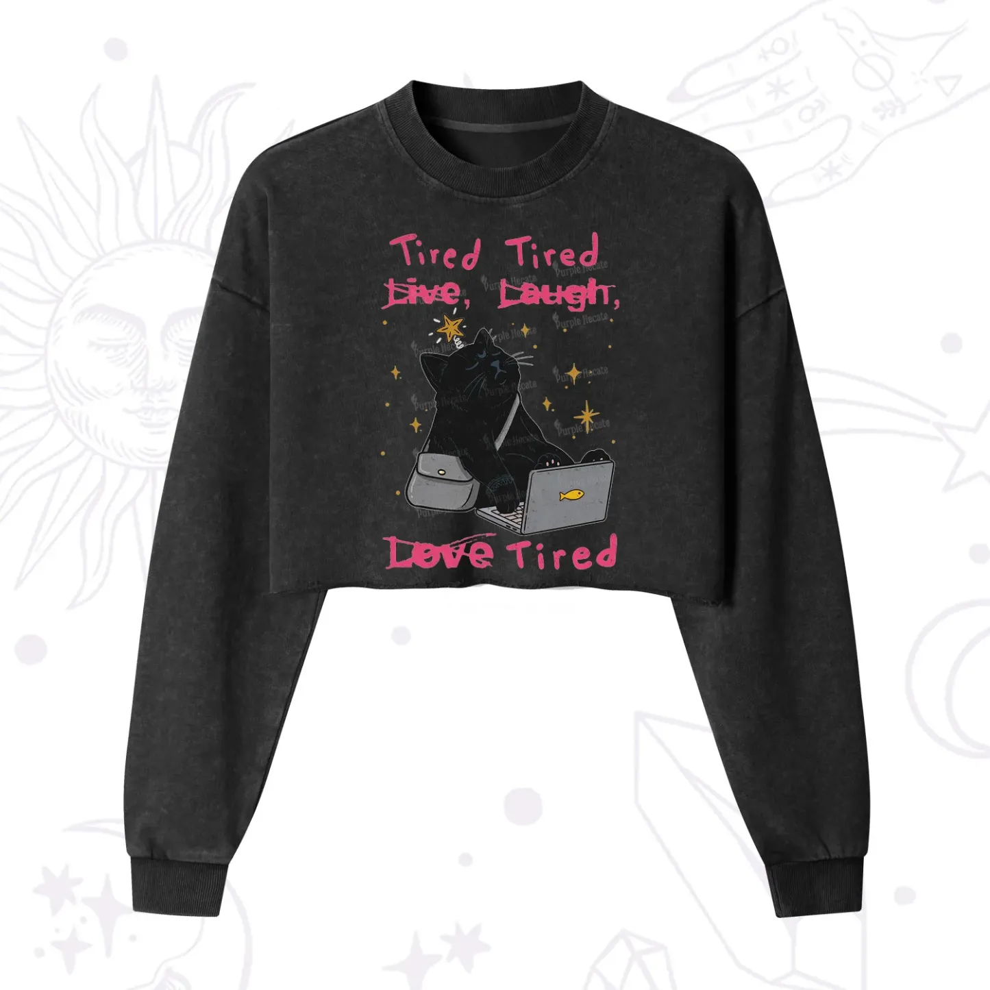 Purplehecate Tired Cat Cropped Washed Sweatshirt