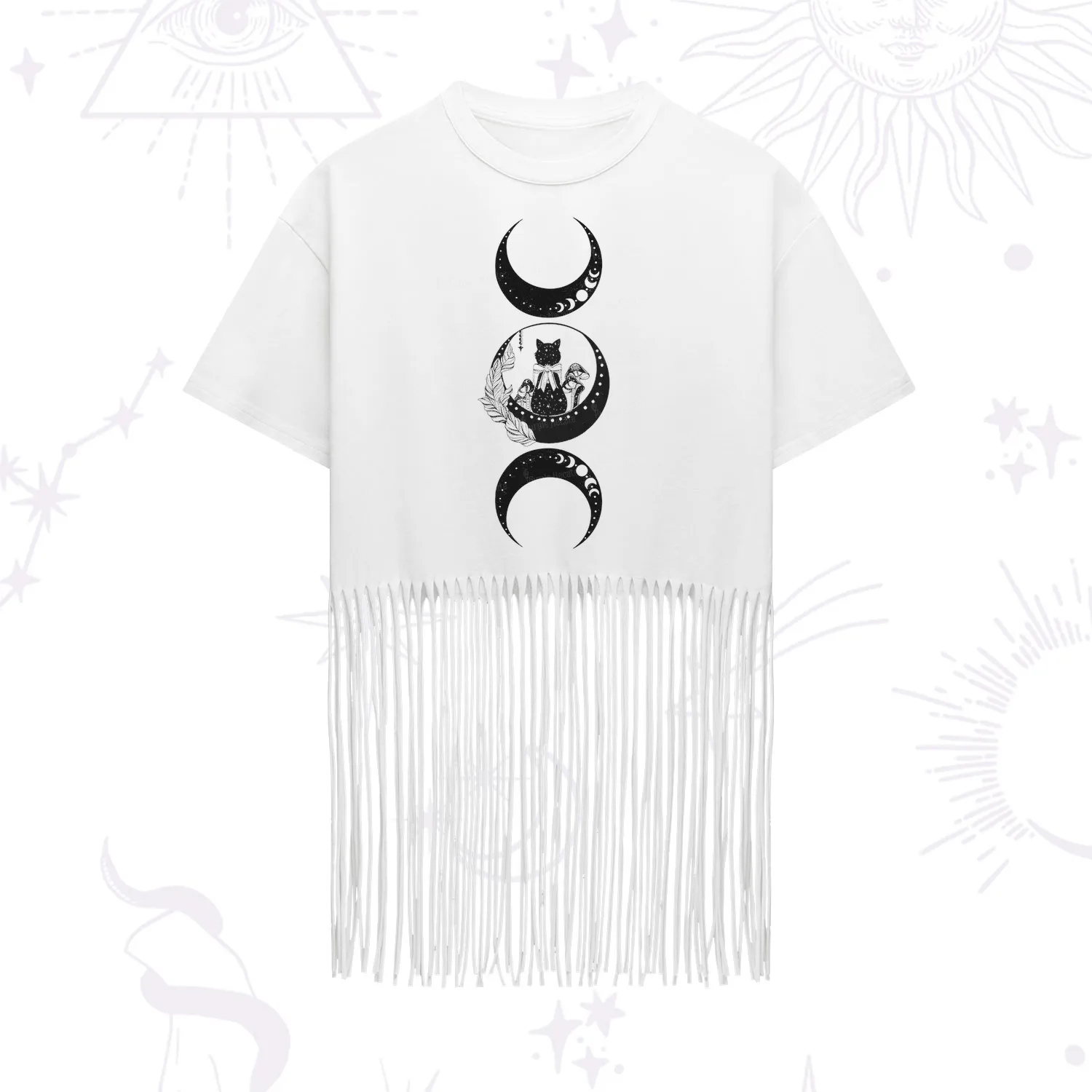 Purplehecate Cat And Moon Phases Fringe Hem T-Shirt