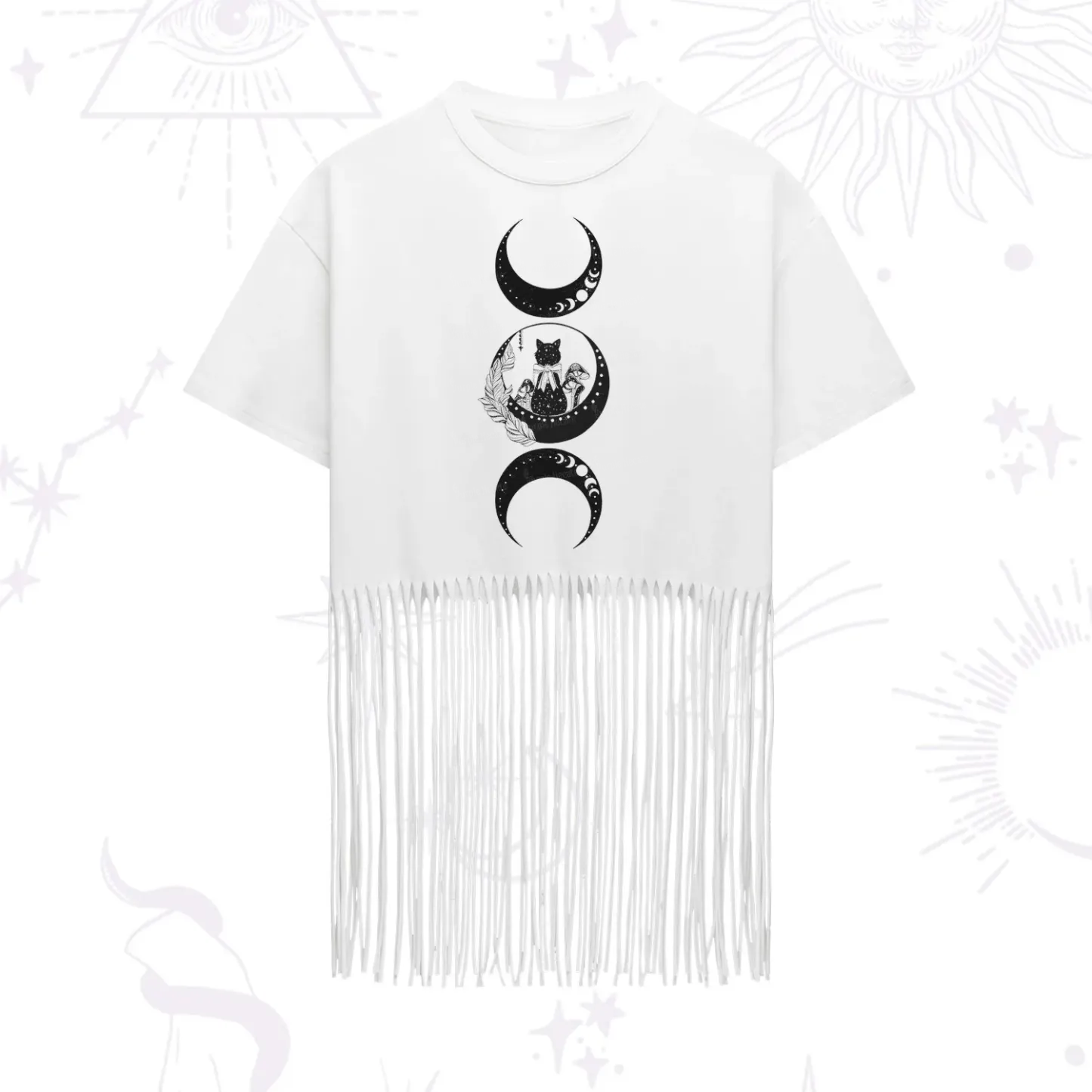 Purplehecate Cat And Moon Phases Fringe Hem T-Shirt