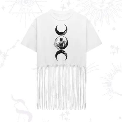 Purplehecate Cat And Moon Phases Fringe Hem T-Shirt
