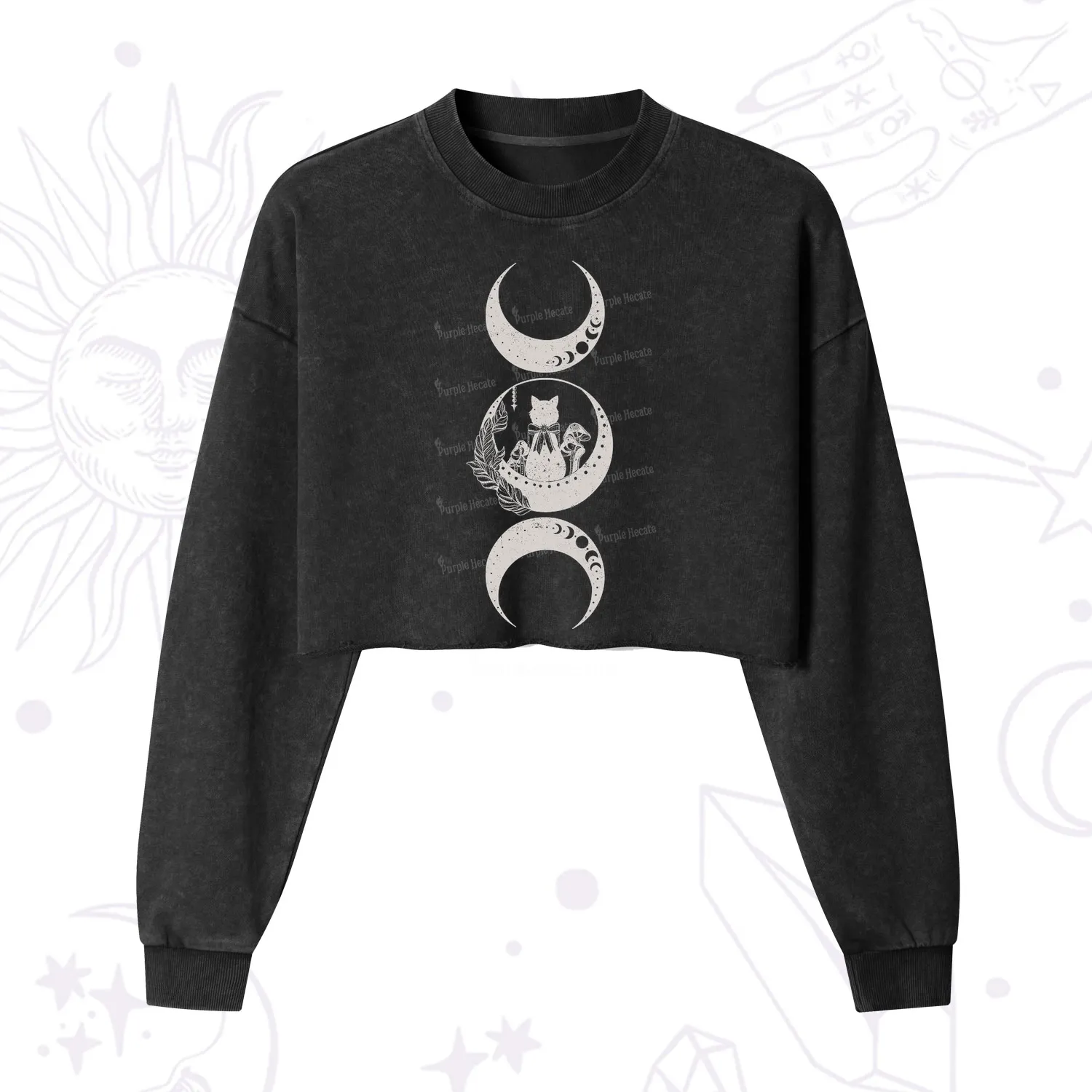 Purplehecate Cat And Moon Phases Cropped Washed Sweatshirt