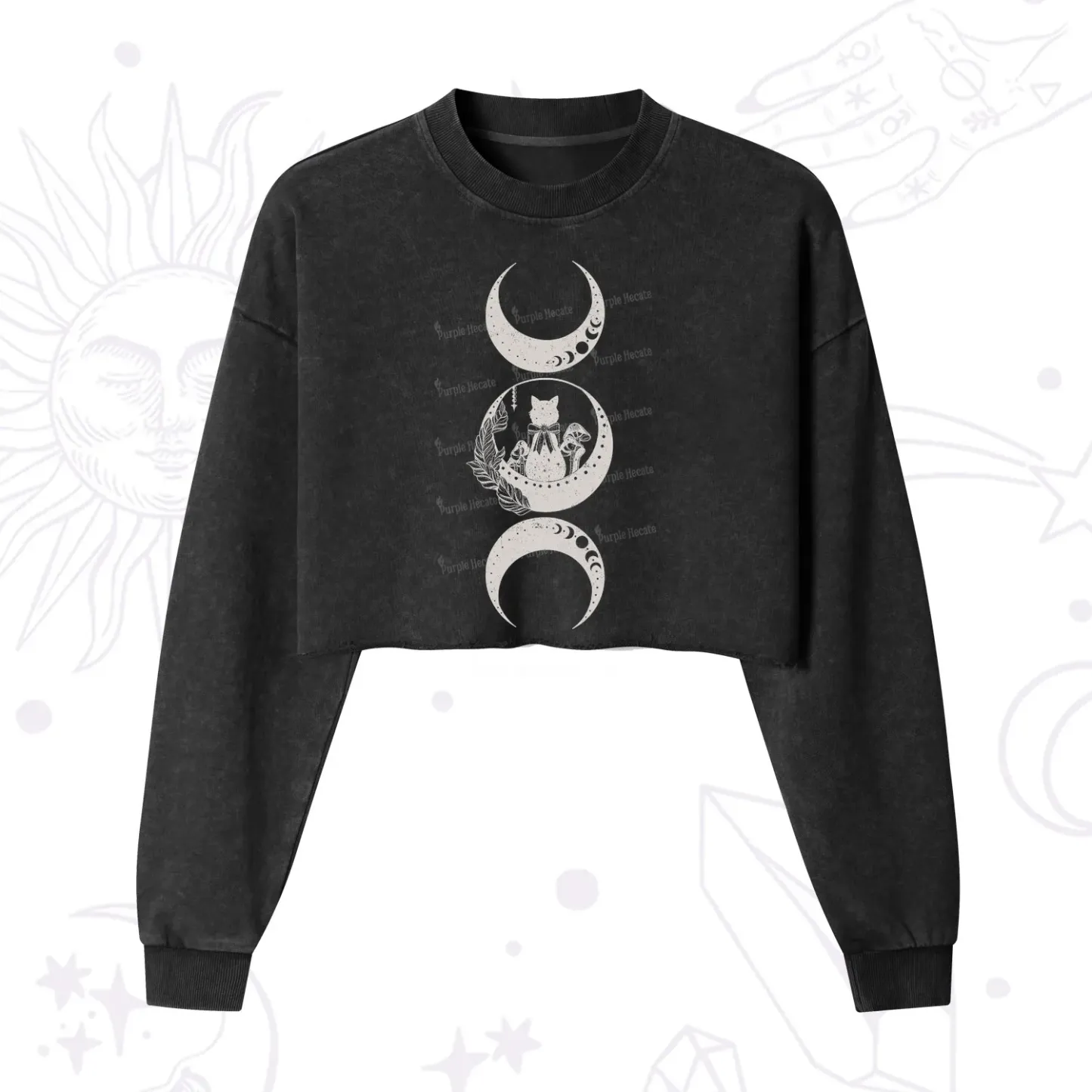 Purplehecate Cat And Moon Phases Cropped Washed Sweatshirt