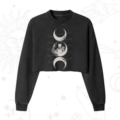 Purplehecate Cat And Moon Phases Cropped Washed Sweatshirt