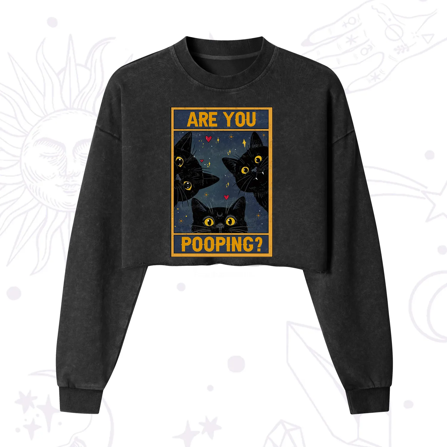 Purplehecate Funny Black Cat Are You Pooping Cropped Washed Sweatshirt