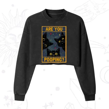Purplehecate Funny Black Cat Are You Pooping Cropped Washed Sweatshirt
