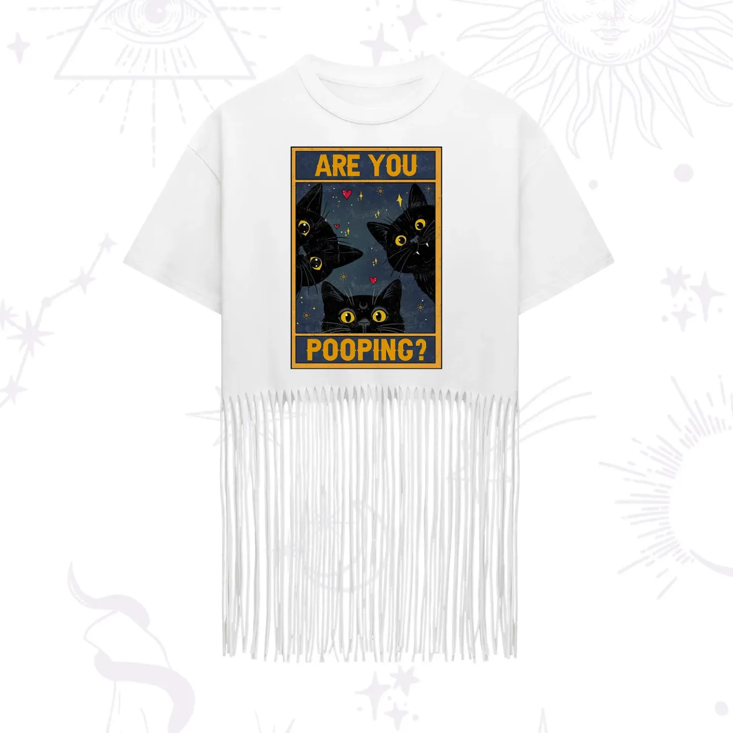 Purplehecate Funny Black Cat Are You Pooping Fringe Hem T-Shirt