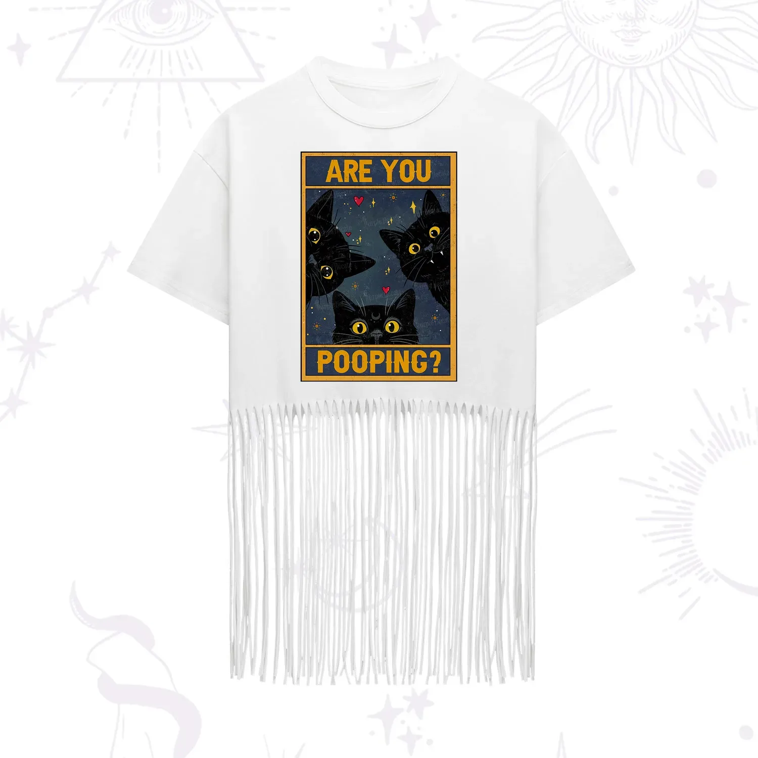 Purplehecate Funny Black Cat Are You Pooping Fringe Hem T-Shirt