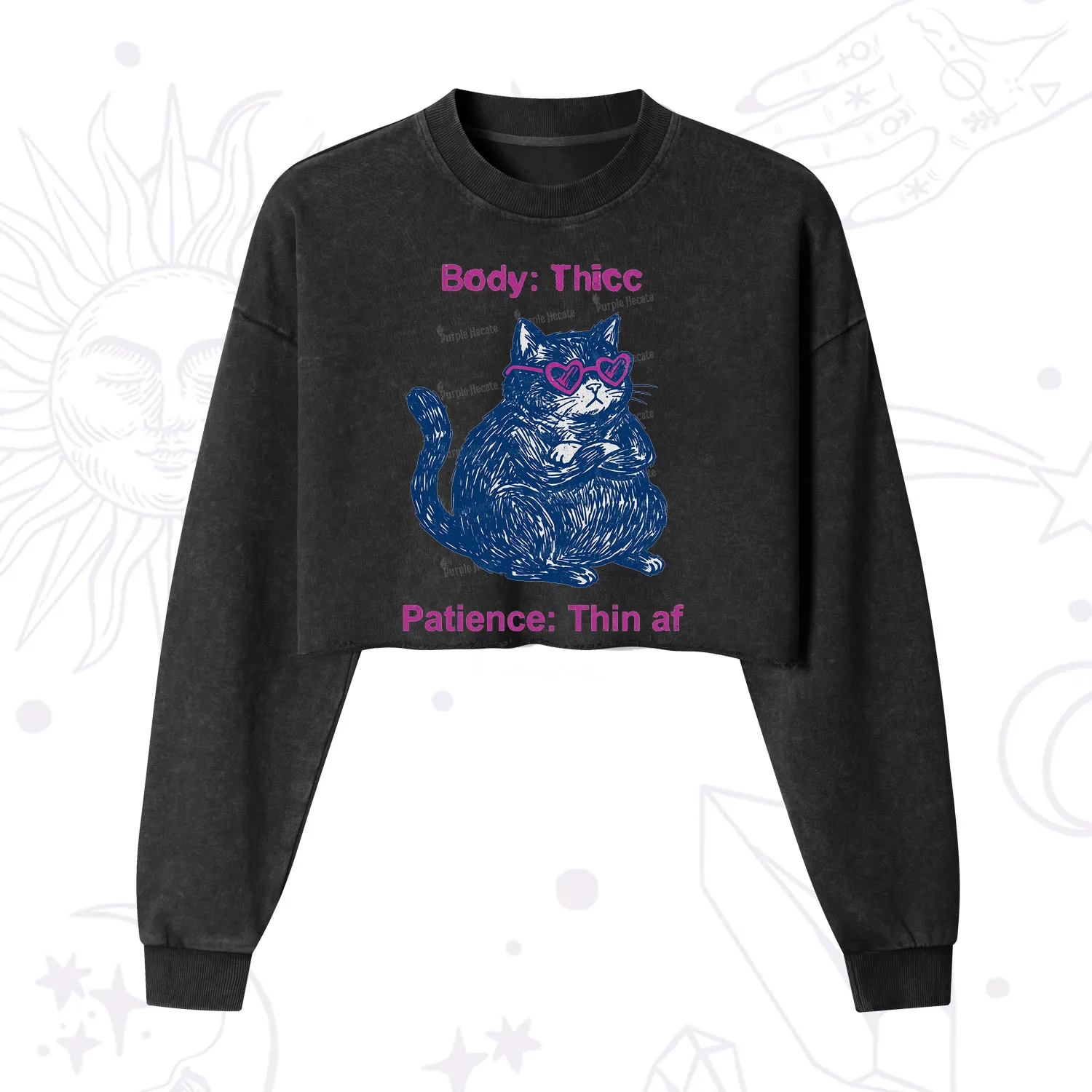 Purplehecate Body Thicc Patience Thin Af Cat Cropped Washed Sweatshirt