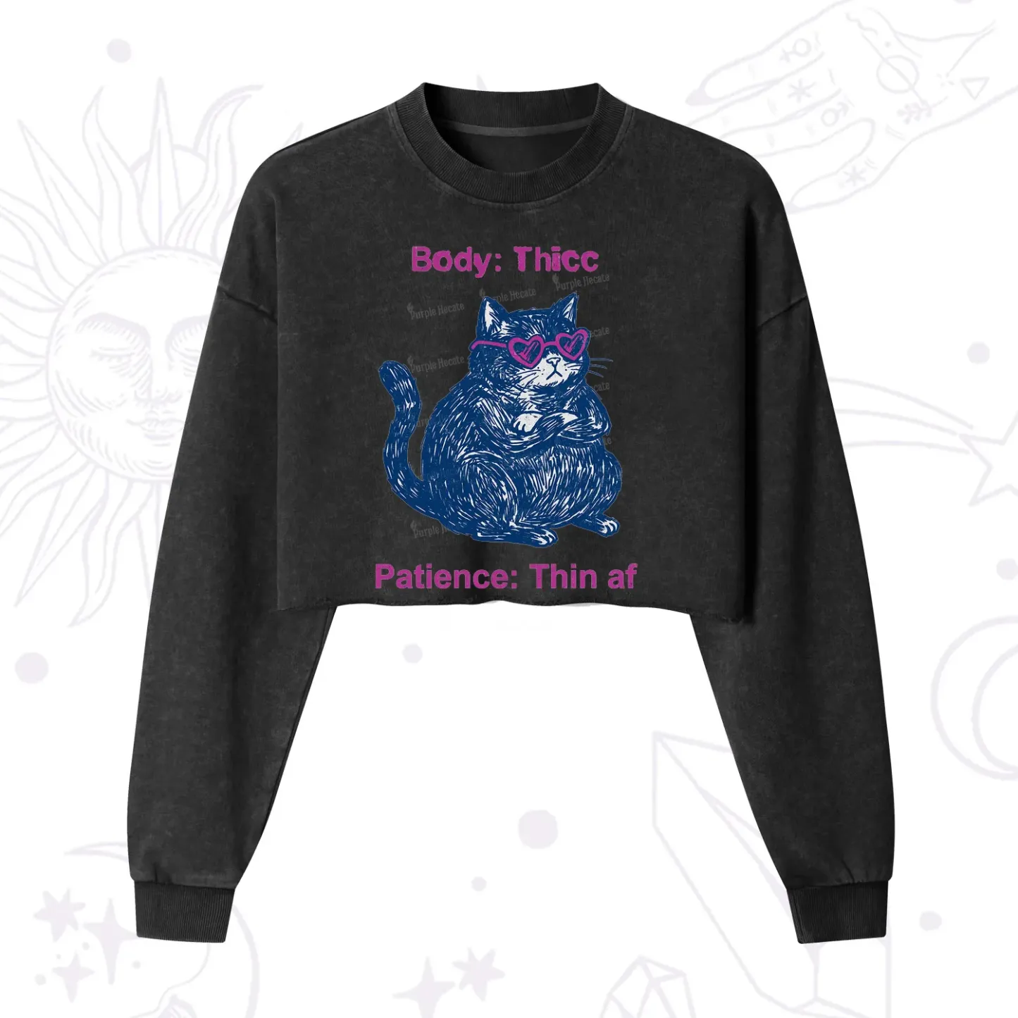 Purplehecate Body Thicc Patience Thin Af Cat Cropped Washed Sweatshirt