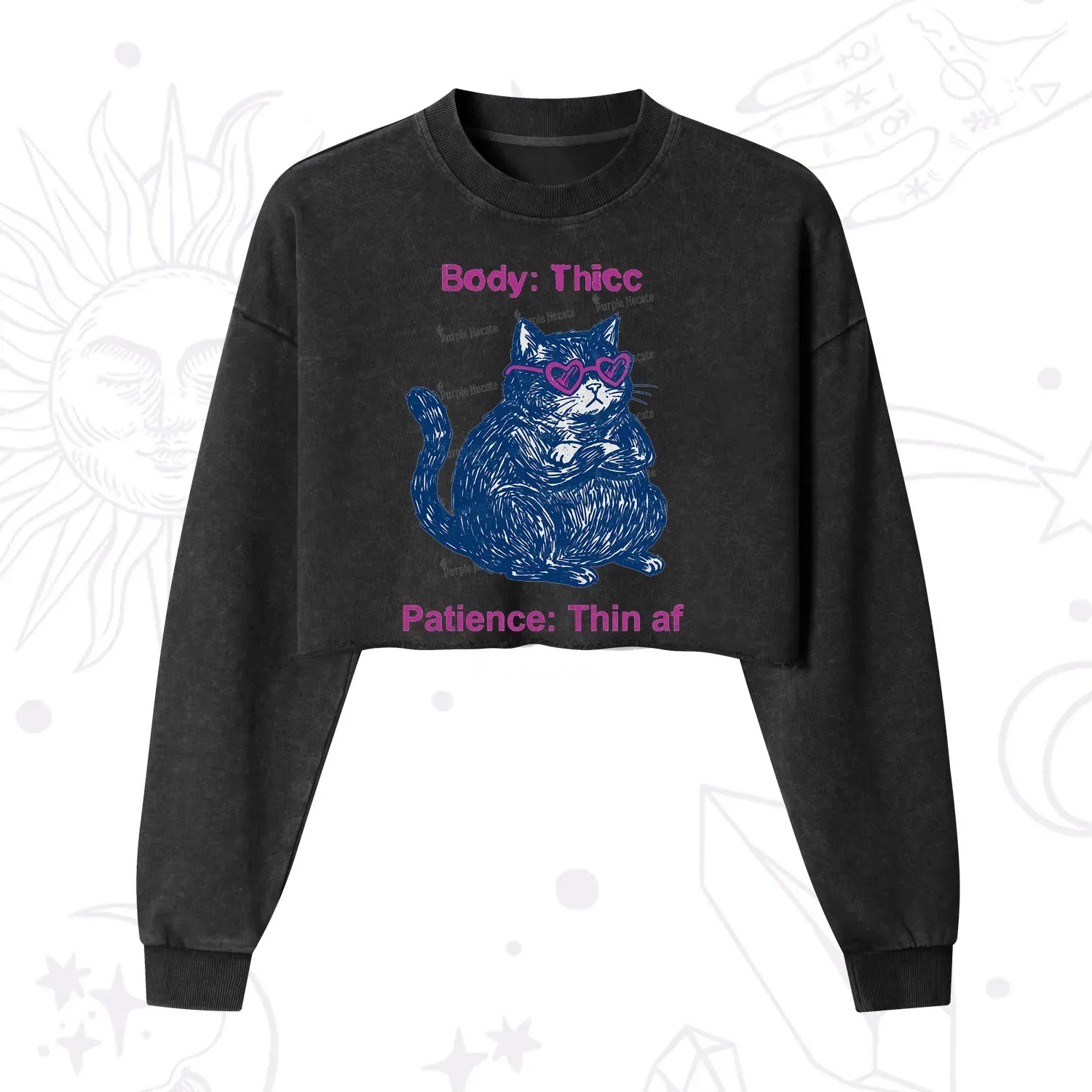 Purplehecate Body Thicc Patience Thin Af Cat Cropped Washed Sweatshirt